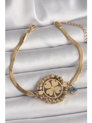 Aydogan's 316L Çelik Gold Renk Italyan Zincir Model Dorika Yonca Figür Nazar Boncuk Detay Kadın Bileklik -