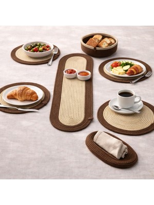 Kraftella 7 Parça Kahve-Gold Amerikan Servis Seti – Oval Runner + Supla + Peçetelik + Nihale + Ekmek Sepeti