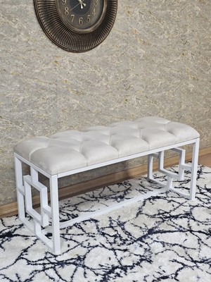 Sevinç Mobilya Beyaz Boyalı Içi Kareli Diktörtgen 100 cm x 40 cm Oturak Puf - Bench - Makyaj Oturağı - Oturak