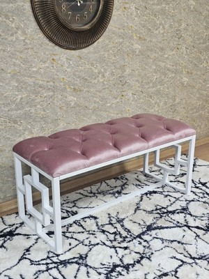 Sevinç Mobilya Beyaz Boyalı Içi Kareli Diktörtgen 100 cm x 40 cm Oturak Puf - Bench - Makyaj Oturağı - Oturak