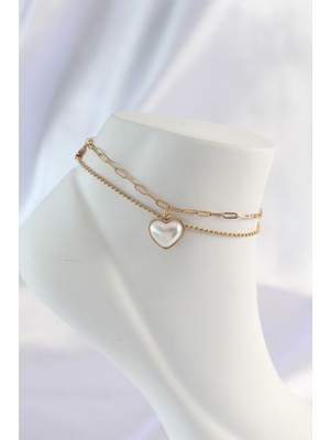 Inure Jewelry 316L Çelik Gold Renk Beyaz Kalpli 2li Halhal