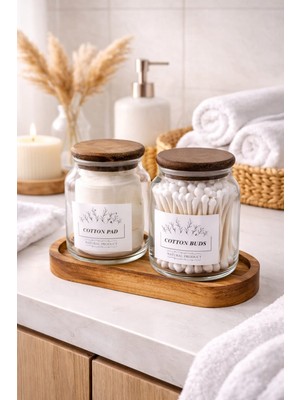 Durina Living Akasya Kapaklı Cam Kavanoz Seti Standlı Banyo Organizer Pamukluk ve Kulak Çubuğu Makyaj Pedi