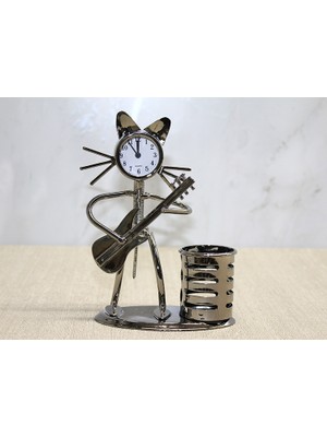 Metal Gitar Çalan Müzisyen Kedi Saat ve Kalemlik