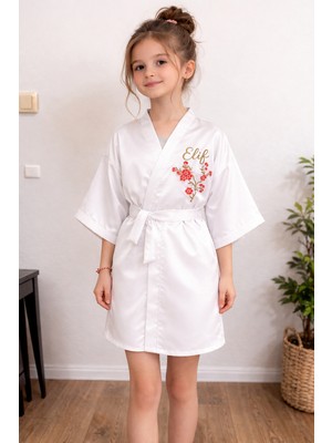 Terzim Ayşenur Kız Çocuk Isimli Nakış Işlemeli Çiçek Desenli Sabahlık Kimono Beyaz Siyah ve Pembe Renkler 0-14 Yaş