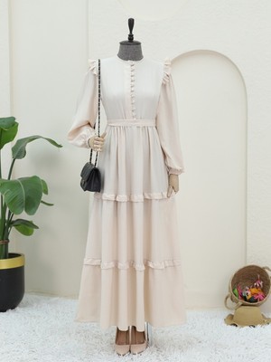 Modamorfo Yarım Düğmeli Parçalı Kemerli Elbise -Bej