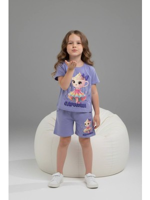 Yağmur Giyim Pjkskt Ballerina Cappucino Desenli Şortlu Kız Çocuk Kısa Kol Takım 6574