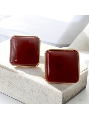 ALS Tasarım Dünyası Bordo Çelik Kare Kenarları Gold Vintage Küpe En:3 Boy: 3 cm