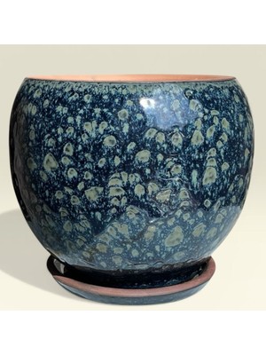 AdenArt Toprak Seramik Saksı Küre Dekoratif Mavi Desenli Çift Sırlı Altlıklı  22*22 cm
