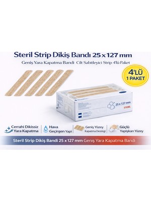 Erdo Ticaret Steril Strip Dikiş Bandı 25 x 127 mm Geniş Yara Kapatma Bandı Cilt Sabitleyici Strip 4’lü Paket