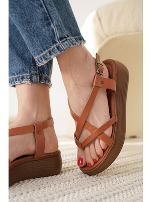 Alfaze Taba Hakiki Deri Bantlı Rahat Şık Yazlık Sandalet