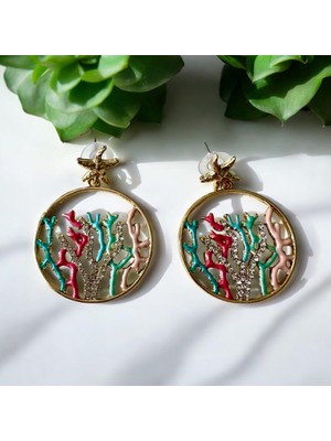 ALS Tasarım Dünyası Kadın Altın Kaplama Halka Içi Renkli ve Zirkon Taşlı Hayat Ağacı Küpe