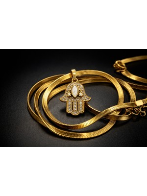 TeknoKapsül Çelik Hamsa Fatma Eli Kolye Model 9 – Taşlı Altın Renk Italyan Zincir Kadın Kolye