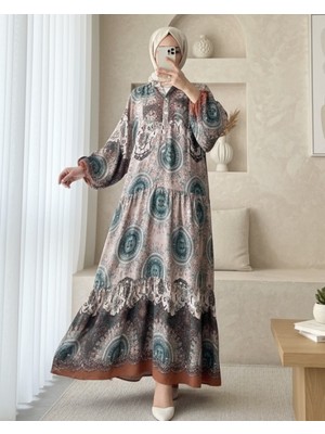 Modamorfo Dik Yaka Yarım Düğmeli Parçalı Elbise  -Açık Kahve