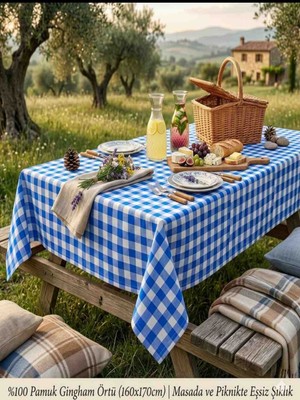 %100 Pamuk Gingham Pötikare Masa Örtüsü - Piknik ve Bahçe Örtüsü 160X170 cm - Mavi Beyaz