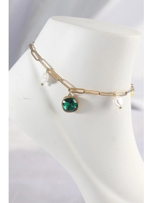 Inure Jewelry 316L Çelik Gold Renk Zümrüt Taş Tasarımlı Halhal