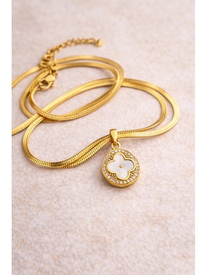 TeknoKapsül Paslanmaz Çelik Yonca Kolye Model 8 – Gold Kaplama Sedef Görünümlü Zirkon Taşlı | Kararmaz Kadın Kolyesi