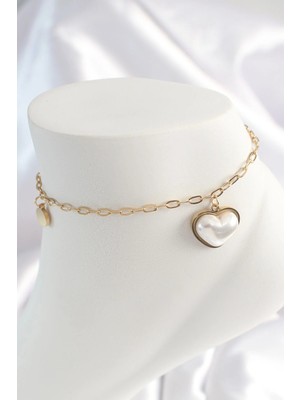 Inure Jewelry 316L Çelik Gold Renk Zincir Model 3D İnci Kalp Model Kadın HalHal