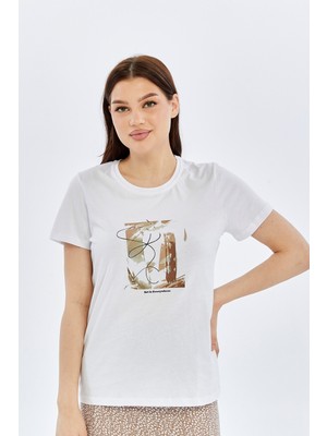 Trender Baskı Kadın T-Shirt Sonbahar Beyaz