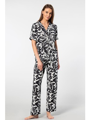 Türen Kadin Desenli Kisa Kol Dokuma Pijama Takimi 3604/SIYAH2