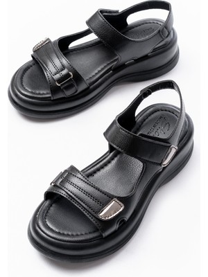 SEPET365 Ginya Siyah Cilt Cırt Cırtlı Sandalet