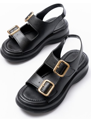 SEPET365 Kaji Siyah Cilt Çift Tokalı Sandalet