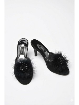 G&C Kadın Çeyizlik Topuklu Tüylü Tokalı Gelin Ev Terliği 215