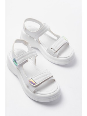 SEPET365 Ginya Beyaz Cilt Cırt Cırtlı Sandalet
