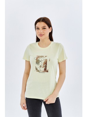 Trender Baskı Kadın T-Shirt Sonbahar Açık Sarı