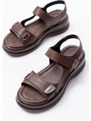 SEPET365 Ginya Kahverengi Cilt Cırt Cırtlı Sandalet