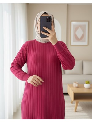 Modamorfo Yuvarlak Yaka Ince Çizgili Triko Tunik -Bordo
