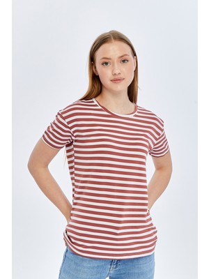 Trender Viskon O Yaka Kadın T-Shirt Çizgili Bordo