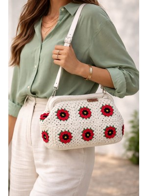 Özden Çanta El Yapımı Örgü  Çiçek Motifli Burslu Kadın Omuz Çantası