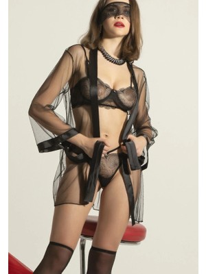 Toyigoo Ieg™ Siyah Transparan Tül Sabahlık ve Jartiyerli Fantazi Iç Giyim Seti 5'li,seksi Dantelli Ge