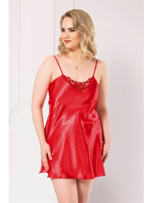Toyigoo Ieg™ Büyük Beden Kırmızı Kısa Saten Gecelik