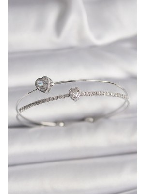 Toyigoo Ietaks™ Pirinç Gümüş Renk Zirkon Taşlı Kalp Model Kadın Bileklik