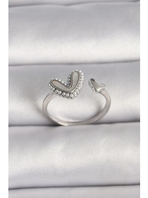 Toyigoo Ietaks™ Pirinç Gümüş Renk Beyaz Mineli Inci Detaylı Kalp Model Ayarlanabilir Yüzük