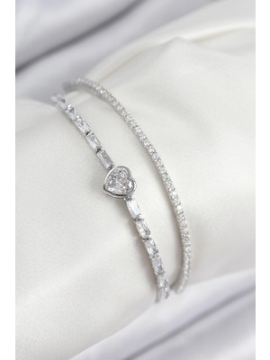 Toyigoo Ietaks™ Pirinç Zirkon Taşlı Kalp Model Gümüş Renk Kadın Bileklik