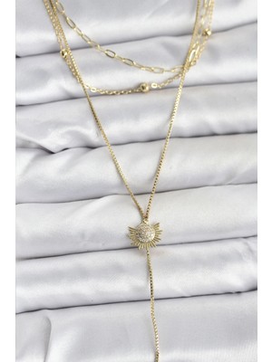 Toyigoo Ietaks™ Pirinç Gold Renk Zirkon Taşlı Güneş Model Detaylı 3'lü Kombin Y Kadın Kolye