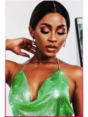 Toyigoo Ieg™ Kristal Yeşil Taşlı Parlak Crop & Bluz Kolsuz Kayık Yaka Parti Plaj Büstiyer