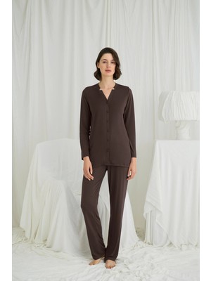 Toyigoo Ieg™ Uzun Kollu Boydan Düğmeli V Yaka Pijama Takımı