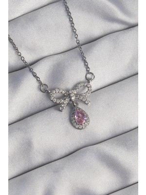 Toyigoo Ietaks™ 316L Çelik Gümüş Renk Fiyonk Detay Pembe Zirkon Taşlı Damla Kolye