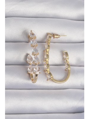 Toyigoo Ietaks™ Pirinç Gold Renk Damla Zirkon Taş Tasarımlı Küpe