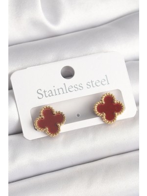 Toyigoo Ietaks™ Pirinç Gold Renk Bordo Yonca Model Kadın Küpe