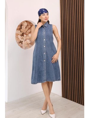 Famoda Kadın Açık Mavi Sıfır Kol Gömlek Yaka Denim Kot Elbise