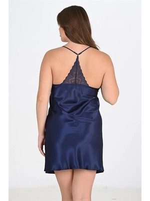 Toyigoo Ieg™ Premium Büyük Beden Saten Dantel Işlemeli Lacivert 2'li Gecelik Sabahlık Takımı Bigsi