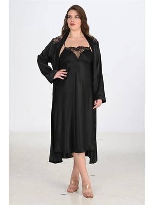 Toyigoo Ieg™ Premium Büyük Beden Saten Dantel Işlemeli Siyah 2'li Gecelik Sabahlık Takımı Bigsize