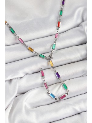 Toyigoo Ietaks™ Pirinç Renkli Zirkon Taşlı Dikdörtgen Model Gümüş Renk Kadın Y Kolye