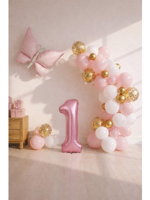 Patladı Gitti Kelebek Temalı Pembe 1 Yaş Doğum Günü Balon Seti – Pembe Gold Balon Zincirli