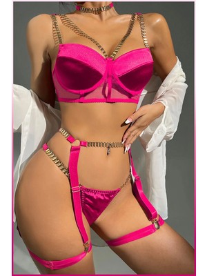 Toyigoo Ieg™ Fuşya Merdiven Zincirli Göğüs Balenli Kadın Seksi Jartiyer Takım