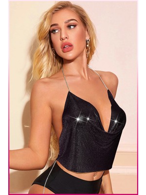 Toyigoo Ieg™ Kristal Siyah Taşlı Parlak Crop & Bluz Kolsuz Kayık Yaka Parti Plaj Büstiyer